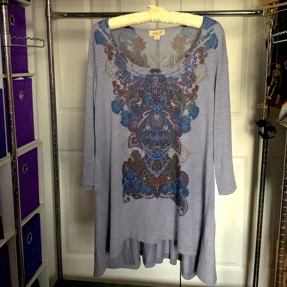 ONE WORLD Embellished Printed 3/4 Sleeve Shark Bite Tunic Size XL